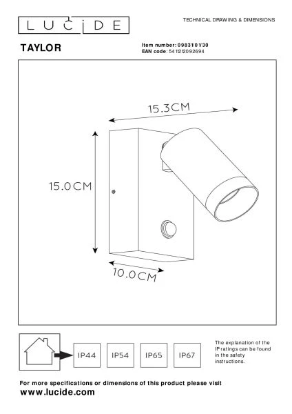 Lucide TAYLOR - Wandstrahler / Wandleuchte Innen/Außen - 1xGU10 - IP54 - Bewegungssensor - Schwarz - TECHNISCH